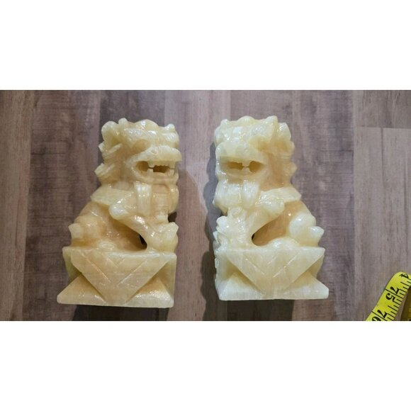 CHINESE PAIR HAND CARVED VINTAGE FOO DOG LION Pixiu Pi Yao Wealth Prosperity - Picture 7 of 10